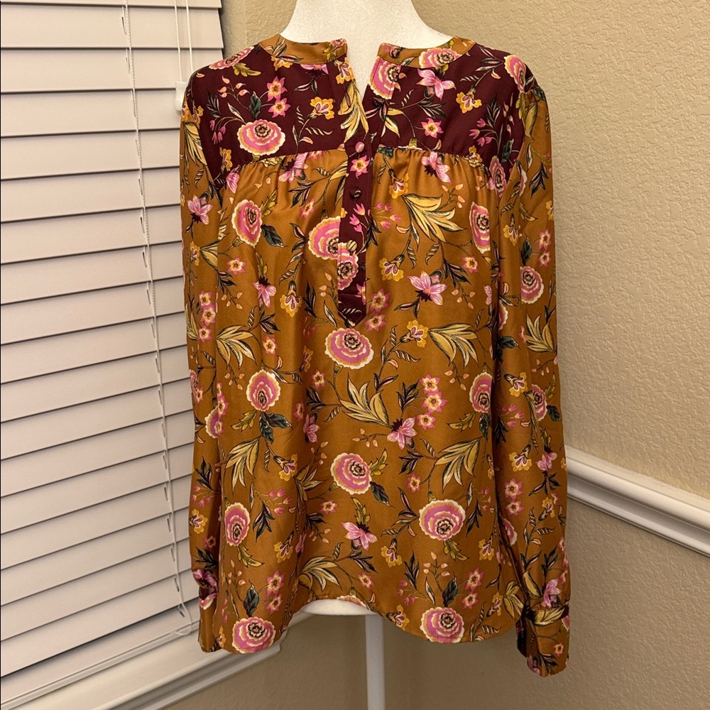 LOFT Floral Blouse Mustard Burgundy Long Sleeves Women's Small